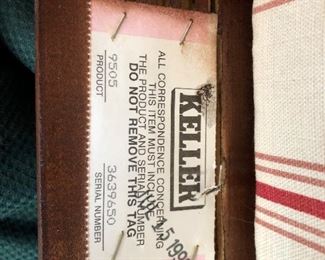 #34)  $400 -  Keller double pedestal Dining Table with 2 leaves and 8 Chairs.  Table pads included.  2 chairs are captain chairs with different upholstered seats.  6 chairs are side chairs.  Set shows some wear.  Smoke free home. 