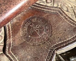 #36)  $350 -  1940's Carved Leather Saddle by Monroe Saddle Company with accessories.  #40 Oklahoma Roper.  Comes with 2 blankets, a bridal headstall, a couple of cinches, ropes, reigns and other assorted leather accessories.  