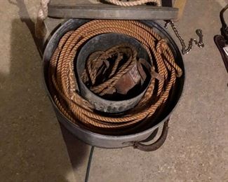 #36)  $350 -  1940's Carved Leather Saddle by Monroe Saddle Company with accessories.  #40 Oklahoma Roper.  Comes with 2 blankets, a bridal headstall, a couple of cinches, ropes, reigns and other assorted leather accessories.  