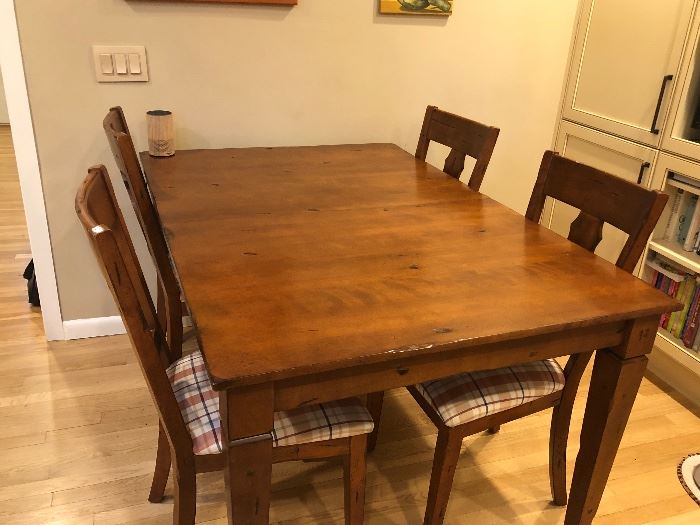 Distressed Rectangular Wood Kitchen Table, 40"x 60" w/20" Self Storing Leaf & 4 Chairs.  Made by Bermex, a Canadian Company.  $550