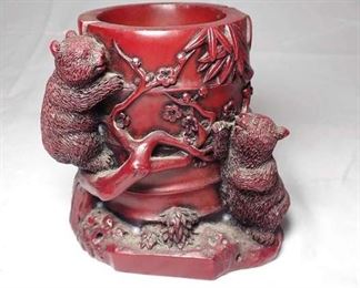 Vintage Chinese Bamboo & Panda Cinnabar Vase