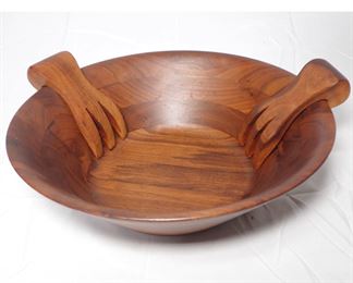 Mid Century Modern Burl Walnut Salad Bowl & Servers