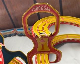 VIntage 1950's Tin Litho ( 2 Sets) Toboggan Tracks with Tin Litho Train cars