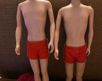 Vintage  Ken Dolls. One brunette, One Blonde. Flocked Hair. Original Swimsuit..To the left with Sandals Towel