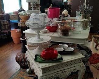 various cake stands, jewelry stands, racks, end tables, baskets