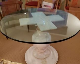 Glass and pedestal wood table