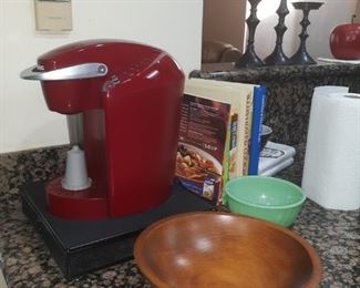 coffee maker, wood bowl , cook books 