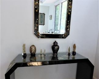 Coromandel lacquer console table with matching mirror