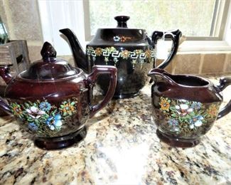 Vintage Japanese Red Clay Teapot, sugar & creamer with enamel decoration