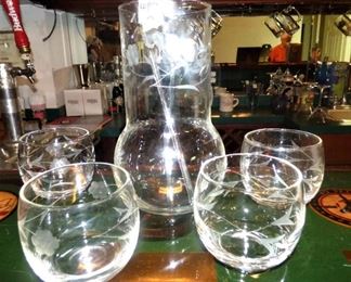 Etched Glass Pitcher, Stirrer, 4 glasses