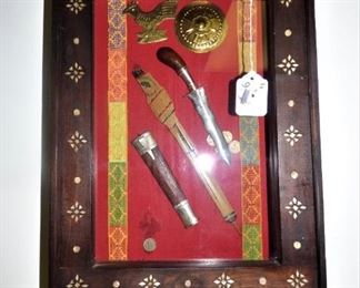 Wood Shadow Box with Mother of Pearl inlay, Middle Eastern knives