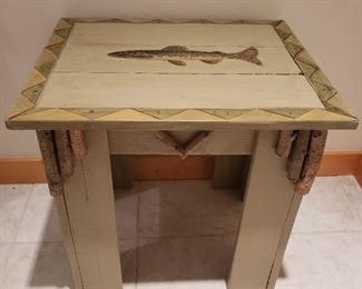 Wood end table with fish art work