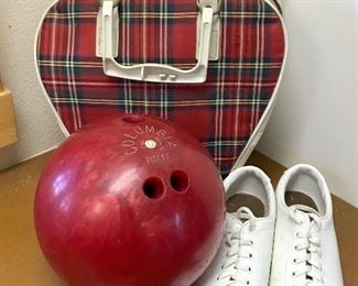Vintage bowling ball, bag & shoes