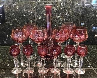 Thirteen piece decanter, goblets and cordials