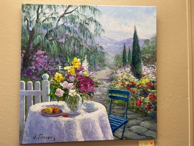 oil painting on stretched canvas, approx 24 x 28 inches. Garden tea by Torrens. WAS $900, NOW $200.
