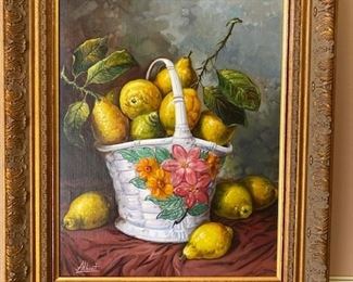 Framed oil painting on stretched canvas, 12 x 16 inches. Still life with basket by Albert. WAS $1,400; NOW $300. 