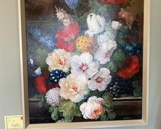 Framed oil painting on stretched canvas, 20 x 24 inches. Floral bouquet by Elbeco. WAS $600, NOW $150. 