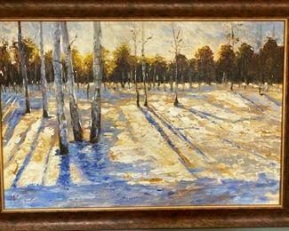 Framed oil painting on stretched canvas, 24 x 36 inches. Winter landscape. WAS $900, NOW $200. 