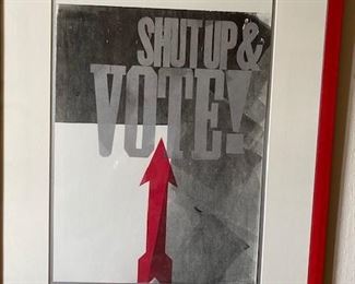 Hamilton woodcut print, “Shut Up and Vote”.  Framed approx. 20 x 24 inches. WAS $200, NOW $75. 