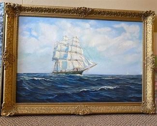 Framed oil on canvas, “Ship on the High Sea”, approx 20 x30 inches. WAS $600, NOW $100