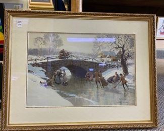 Framed skating print by Tom Lovell, 26 x 20 inches. Great for seasonal display. NOW $20.