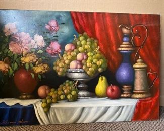 Oil painting on stretched canvas, Still Life with Fruit, 36 x 24 inches, unframed.  NOW $30.