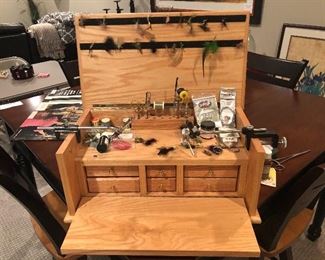 Wooden Fly Fishing Tackle Box  -  Fly Making Lure Work Station
includes all supplies & Lures