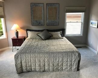 Master Bedroom Platform Bed KING- Silver Metal Frame and Custom Bedding & Pillows made for the bed 