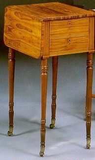 A LATE GEORGE III MAHOGANY AND TULIPWOOD WORK TABLE, CIRCA 1800
The rectangular top with D-shaped leaves above two cedar-lined drawers opposed by false drawers, raised on circular ring-turned legs with casters
28 1/2 in. high; 28 1/4 in. wide; 18 in. deep (open)  Appraised Value: $3500.00