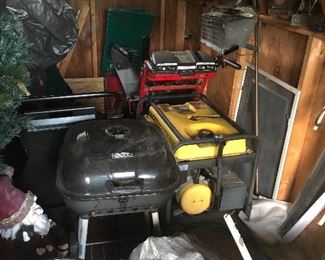 Charcoal grill, generator (needs new pull cord), snow blower