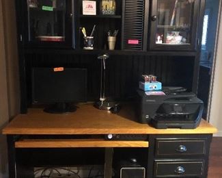 Desk, computer monitor, keyboard, mouse, printer