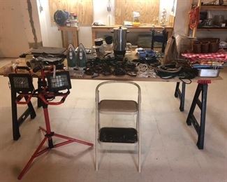 Nice tripod lights irons cords coffee maker misc