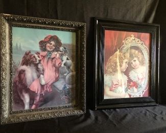 FIRST ONE IS A LARGE FRAMED CHROMOLITHOGRAPH  GIRL WITH DOGS