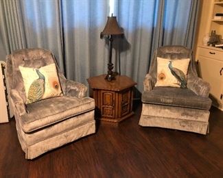 2 Vintage Light Blue Velvet Tufted Swivel Chairs and Octagon Side Table and Lamp