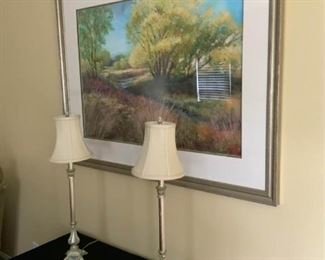 Silver Lamps and Silver Framed Creek Painting