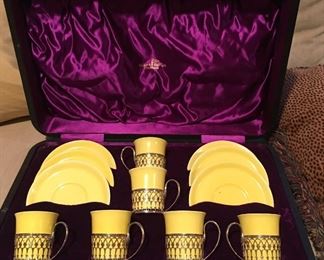 Wonderful Shelley Cups and Saucers with Walker and Hall Handles and custom box.  Truly Unique
