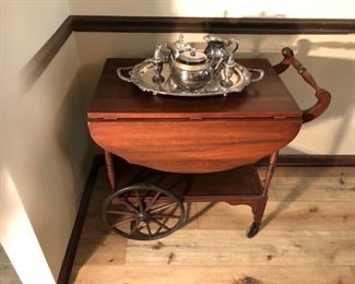 Unique hard to find drop-leaf cart and elegant tea setting