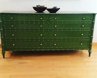 One-of-a-kind! Incredible green dresser with silver "bamboo" detail and hardware. Original metal hardware included. Large statement piece. Would work in a dining area, living room, bedroom or entry.