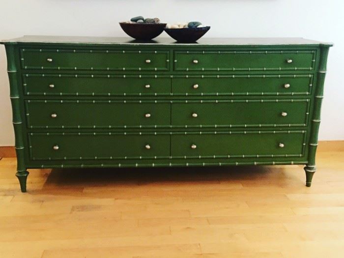One-of-a-kind! Incredible green dresser with silver "bamboo" detail and hardware. Original metal hardware included. Large statement piece. Would work in a dining area, living room, bedroom or entry.
