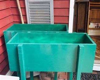 Green is darker than shown. Two large planters hand made wood. Just repainted... $120.00. Includes can of touch up paint! 
