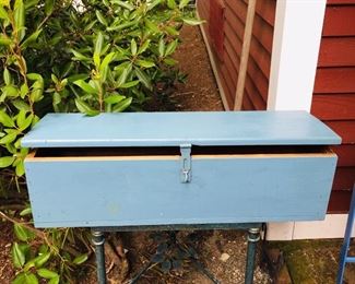 Blue/grey  painted vintage tool box about 3'  $36.00. Clean inside w/ a few cup hooks at one end...