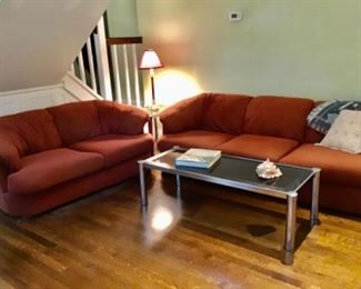 Vintage JCPenneys Couch, & matching mod loveseat, chrome and glass coffee table &  end table, floor lamp