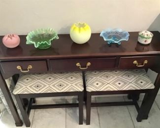 Bombay console table & pair benches, Fenton, Burmese rose bowls 