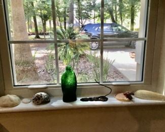Shells, office cast iron bill hook, fish bottle 