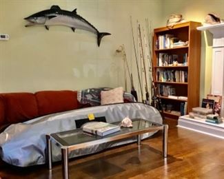 Mounted fish. King mackerel & surfboard sold. Couch and bookshelves still available 