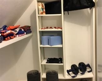 Gym stuff Jane Fonda tape, mats, ankle weights, bags, roller wheel exerciser, foam steps, etc