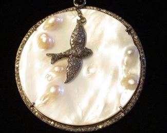 CUSTOM MADE MABE PEARL AND 1.5 CARAT DIAMOND & STERLING NECKLACE