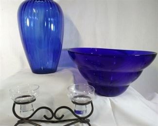 LARGE BLUE GLASS AND DOUBLE CANDLE