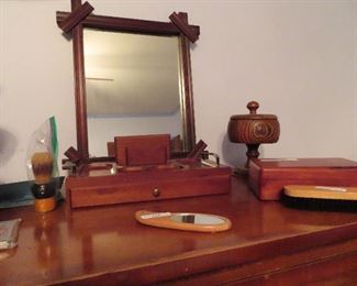 Men's accessories, Jewelry boxes. Antique style mirror, Bakelite boar bristle shaving brush.  