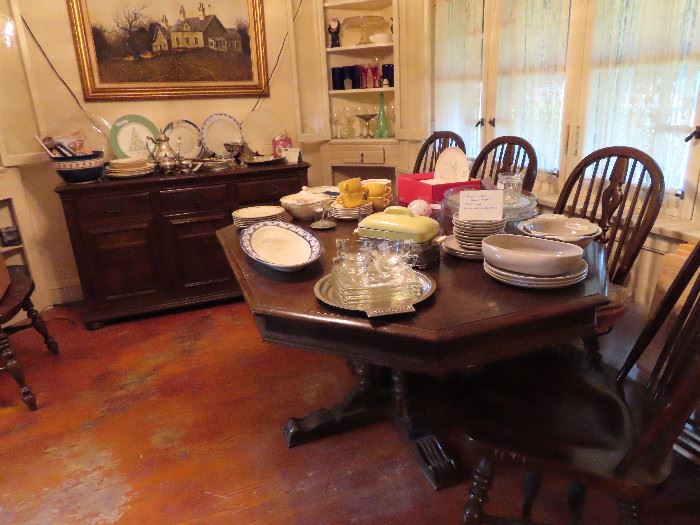 Dining Room  Ethan Allen Charter Oak Suite,  Table,  6, Chairs,  Buffet   On  the table u see Antique  English Ironstone Fish P latter, MCM Russell Wright Dinnerware, MCM glass desert set on polished aluminum t ray,    Hall casserole in holder for Westinghouse,   more contemporary china 